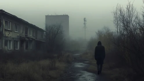 Solitary walk through a misty, abandoned neighborhood street.