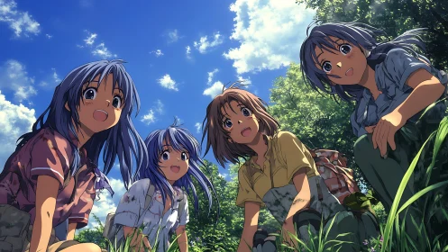 Friends sharing summer laughter under a bright blue sky.