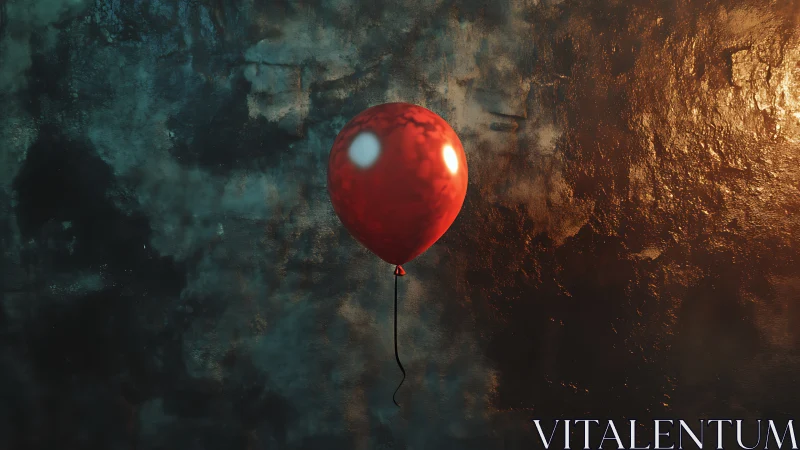 Lonely red balloon glowing softly against a moody wall.