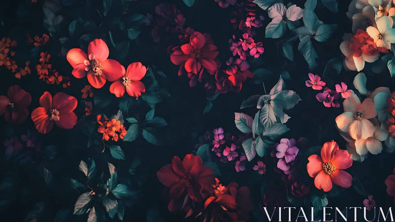 Dark Floral Garden with Red and Coral Blooms.