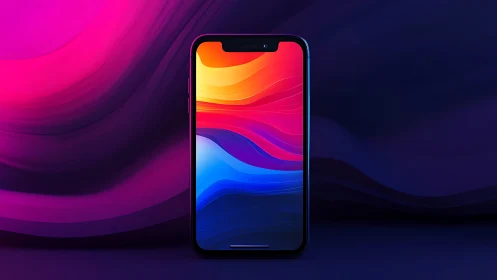 Modern smartphone displays vibrant wave gradient wallpaper with flowing colors.