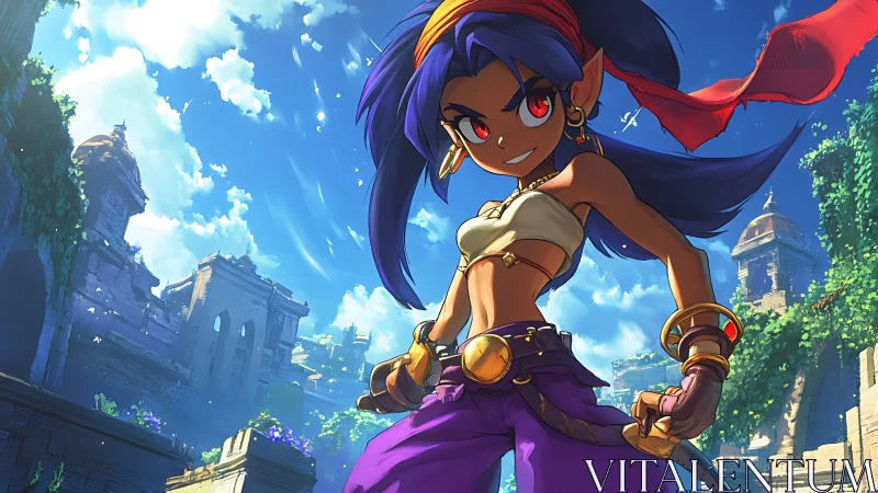 Bold adventurer girl smiles in sunlit ancient ruins skyward