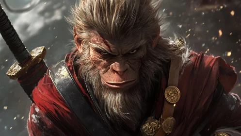 Monkey warrior with sword stares forward in detailed close-up