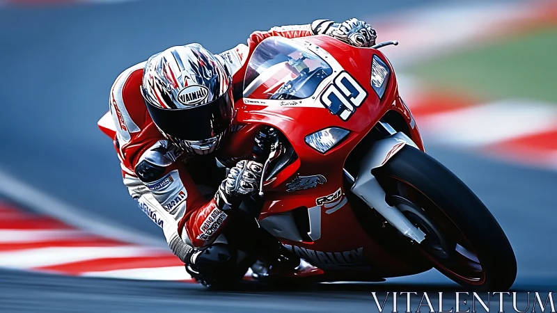 Motorcycle racer leaning through track corner at speed.