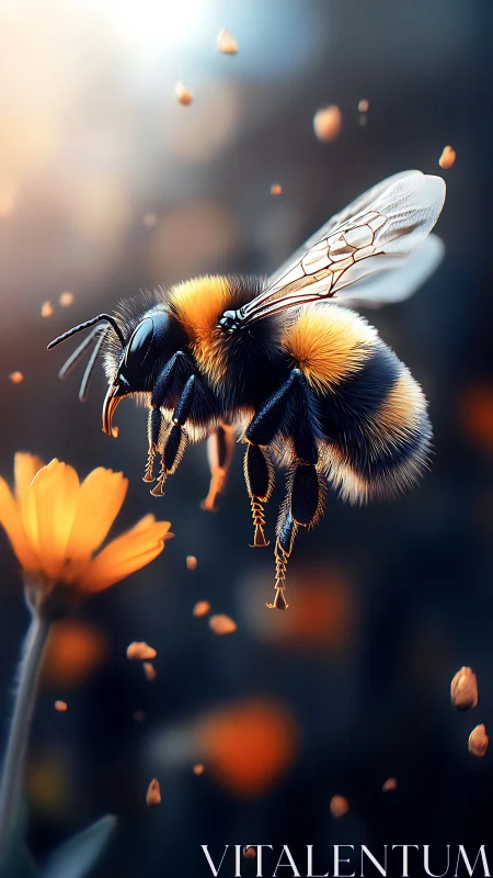 Gentle honeybee drifting toward a glowing golden flower.