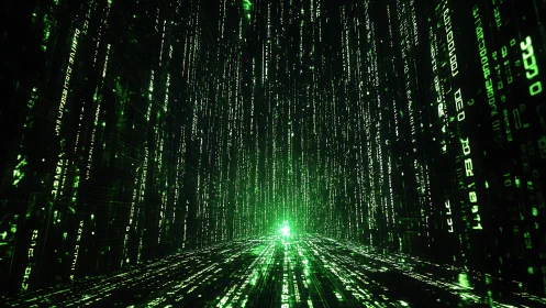 Green digital code tunnel with glowing data lines display.