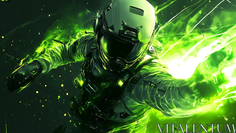 Neon storm trooper hurls radioactive light through chaos.