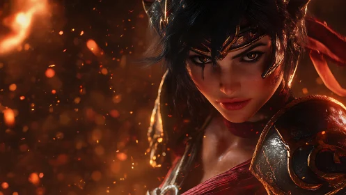 Smoldering warrior gaze amid drifting embers of battlefire.