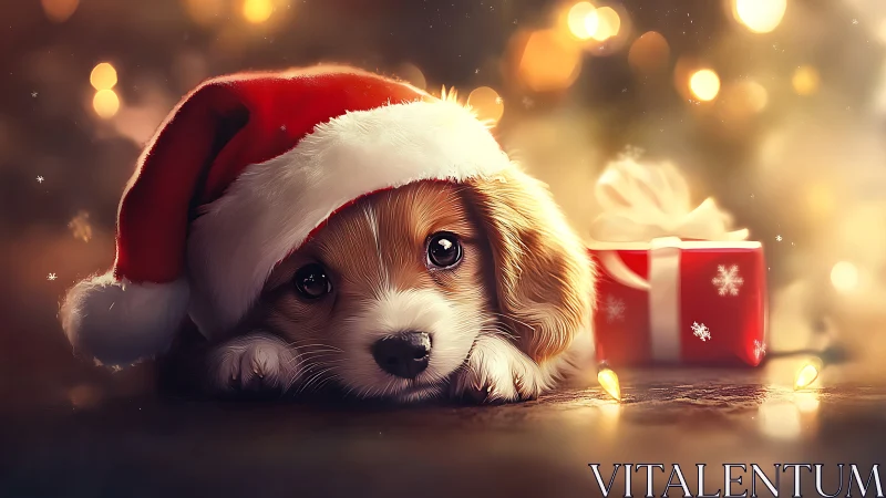 Sleepy puppy in a Santa hat basking in holiday glow.