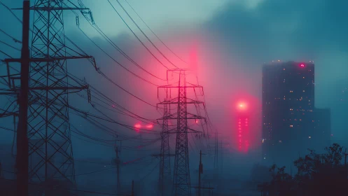 Neon fog engulfs power lines and distant city towers.