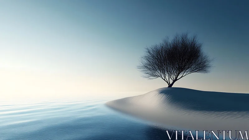 Solitary Tree on Snowy Hill at Dawn in Minimalist Style.