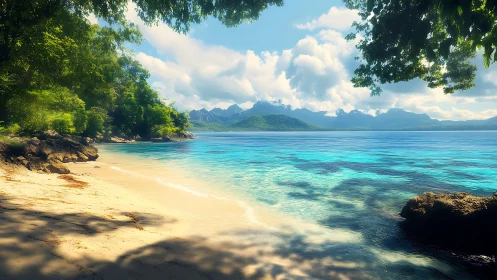 Tropical Coastal Beach with Mountain Vista and Clear Waters.