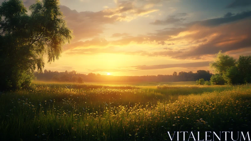 Golden meadow sunset over wildflower field and trees.