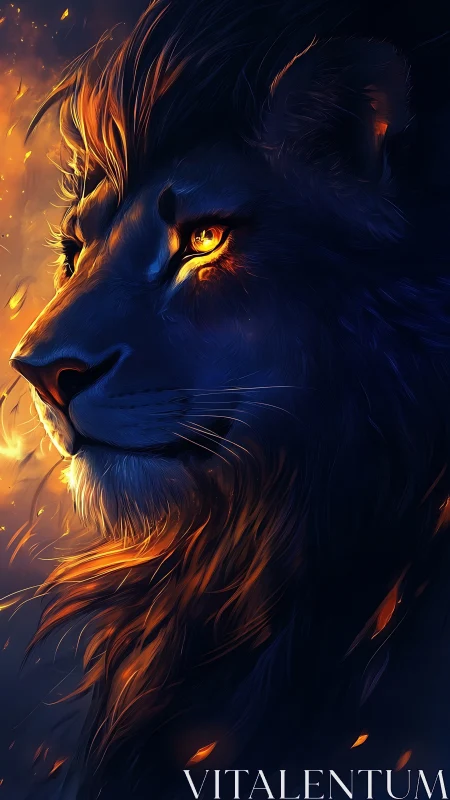 Ember-eyed lion watching sparks drift through twilight.