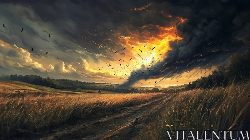 Storm cloud funnel over rural field at fiery sunset.