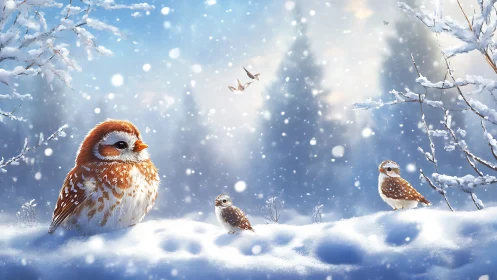 Whimsical owls in snowy winter forest, digital painting style.