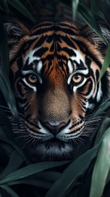 Jungle-eyed tiger pauses within shadowy emerald blades.