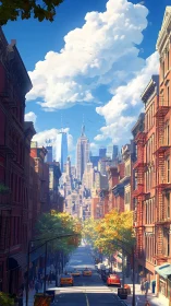 Sunlit city canyon where cozy streets meet bright skies.