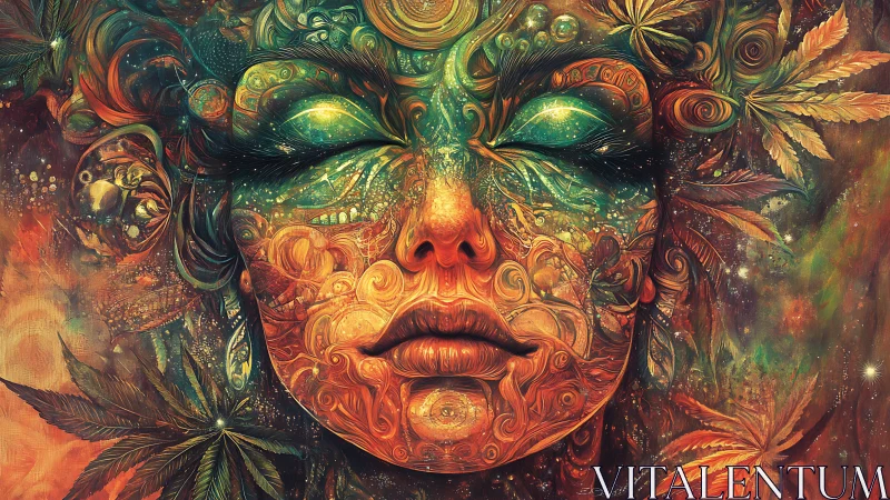 Dreaming earth goddess wrapped in swirling cosmic leaves.