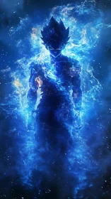 Energetic anime warrior emerges from luminous blue plasma field