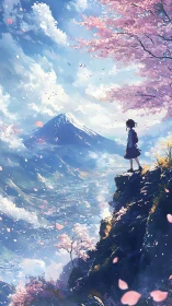 High-angle anime vista frames lone figure above spring valley