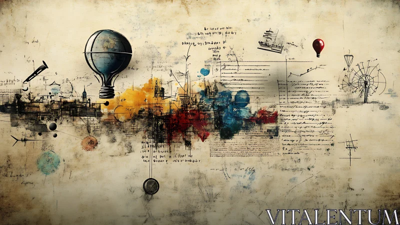 Surreal collage shows balloon, city sketches and abstract notes