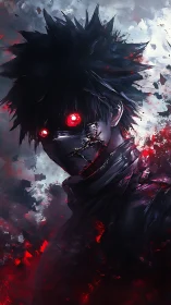 Masked figure with glowing red eyes faces viewer in shadows