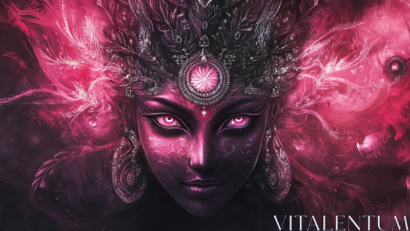 Celestial sorceress in radiant magenta inferno portrait.