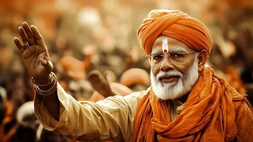 Orange-turban elder blessing a golden-sunset festival crowd.