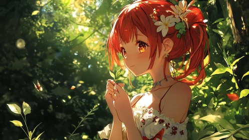 Sunlit anime girl in floral dress studies leaf in forest glade