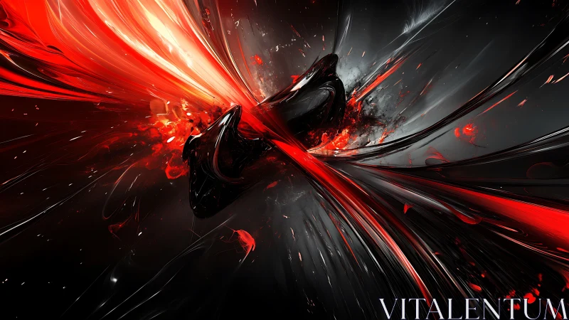 Digital painting of kinetic red-black vortex collision field.