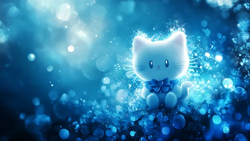 Luminescent Cat with Bow Amid Blue Particle Cascade.