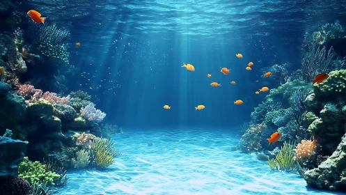 Sunlit coral reef basin reveals schooling orange reef fish