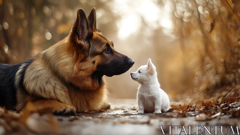 Adult German Shepherd with white puppy on forest path.