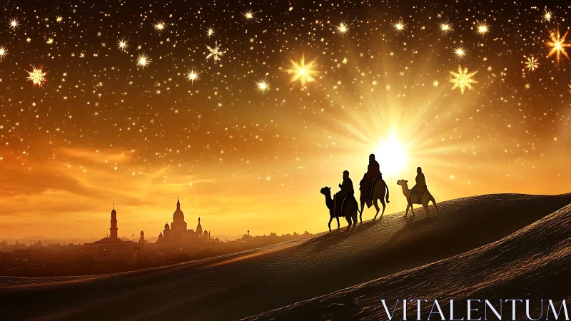 Silhouetted riders traverse desert ridge under dense starfield