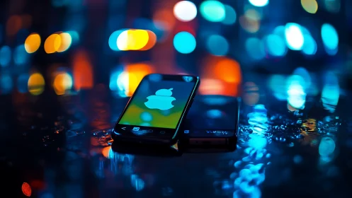 Glowing smartphone on wet street amid neon bokeh lights.