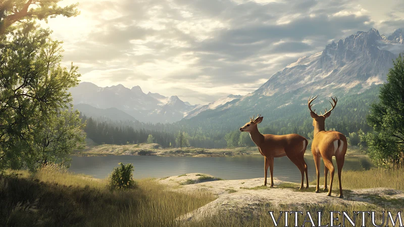Two deer standing by mountain lake in soft morning light.