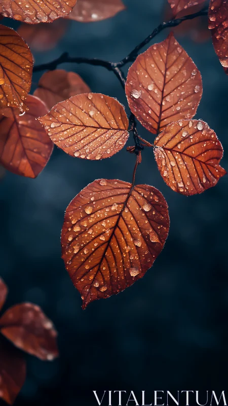 Rain-kissed autumn leaves glowing softly against twilight.