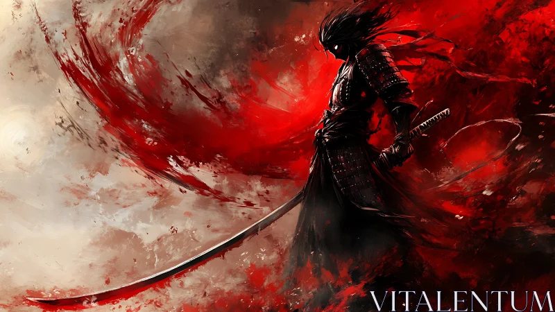 Armored swordsman silhouette amid red abstract motion field.