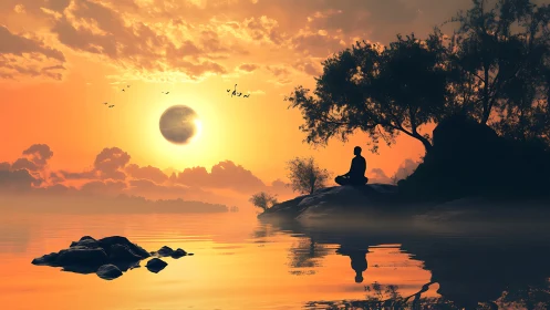 Meditative silhouette under eclipse over tranquil lake at dusk.