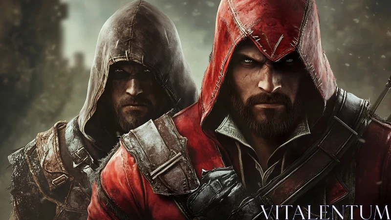 Hooded rogue brothers stalk through stormlit battlegrounds.