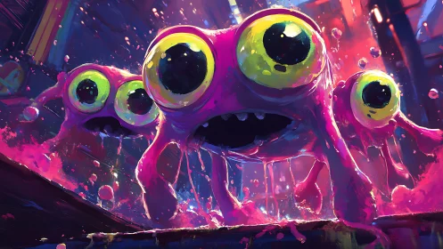 Pink multi-eyed slime creatures advance through neon corridor