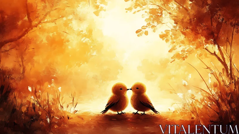 Two Birds Meet Golden Pathway. Warm Light.