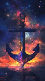 Celestial anchor silhouette against nebula sky and reflective sea