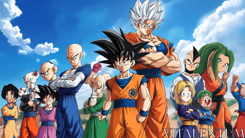 Anime warrior ensemble in orange and blue combat uniforms outdoors