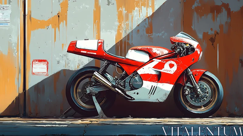 Red racing motorcycle rests against weathered metal wall
