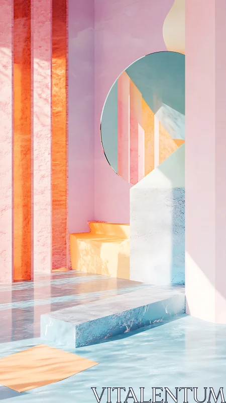 Pastel architectural fantasy with reflective geometric pools.