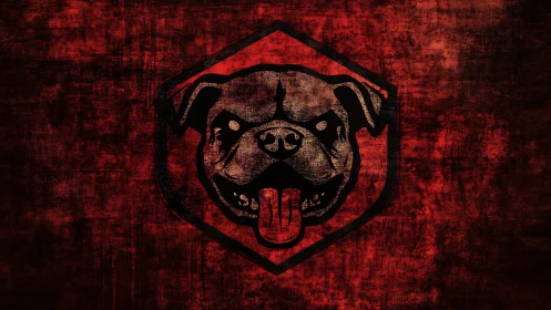 Bold grunge dog emblem glowing against deep red texture.