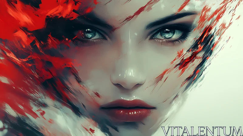 Digital painting portrait with dynamic red abstraction framing.