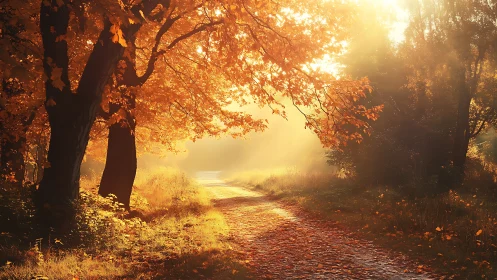 Backlit autumn forest trail under warm diffused sunrise light